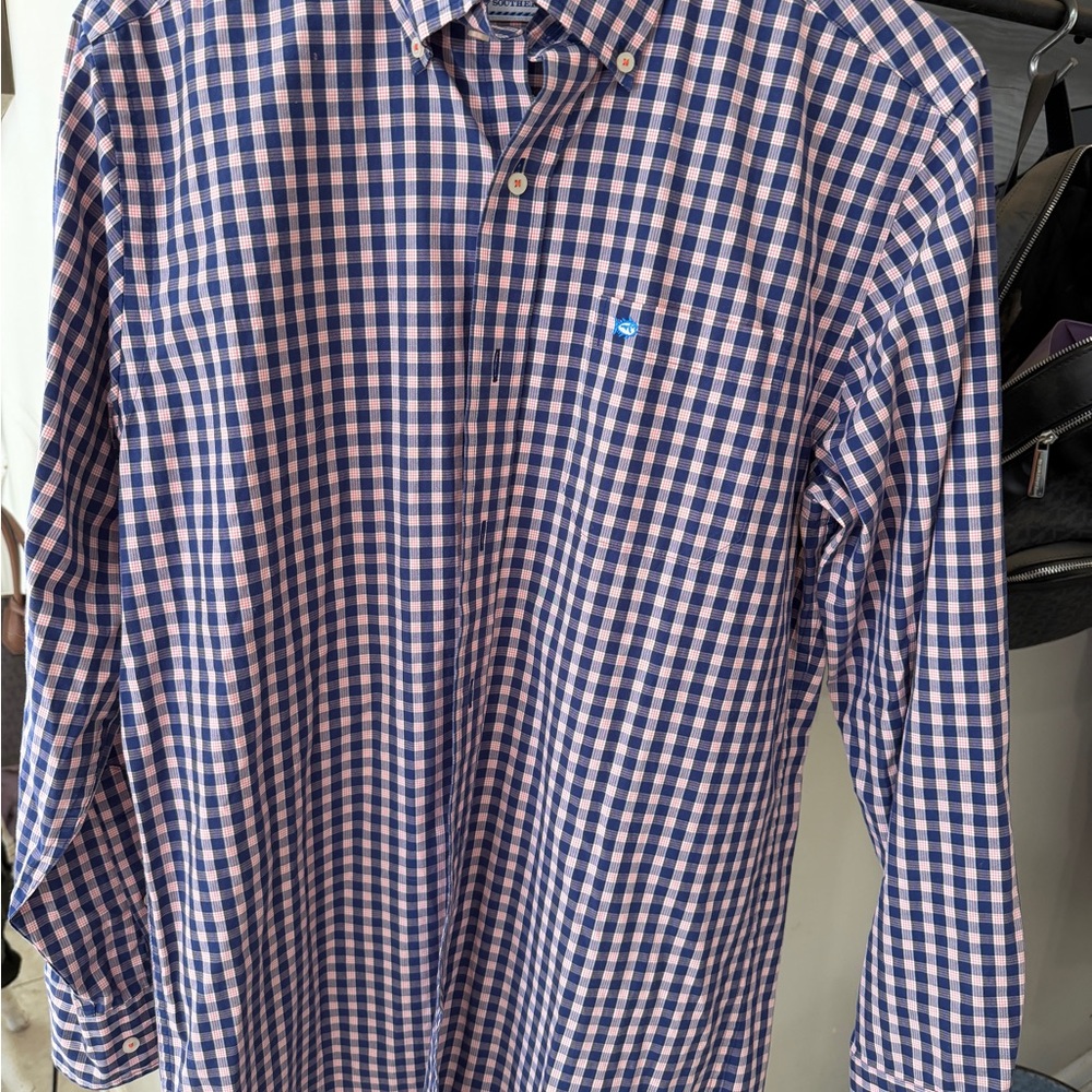 Southern Tide Navy and White Plaid Men's Shirt